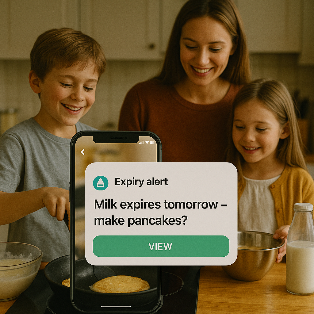 Expiry alert card suggesting pancakes